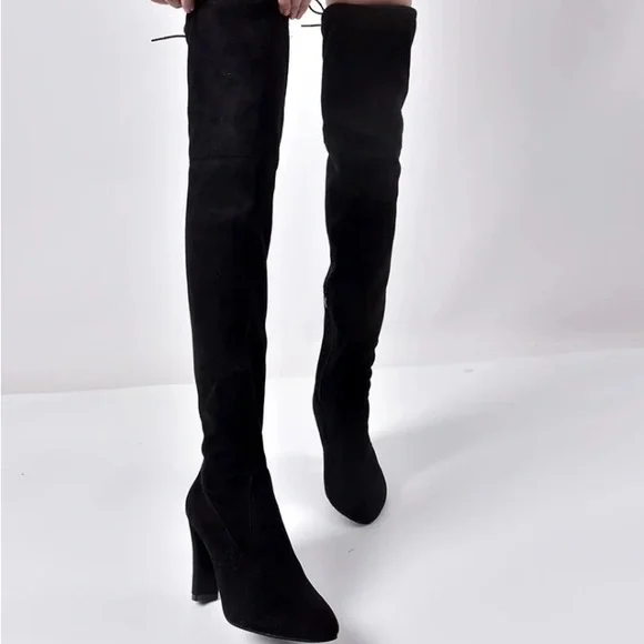 CLEARANCE Vegan Suede Black Over Knee High Heel Sexy Lined Tie Velvet boots - Picture 5 of 8